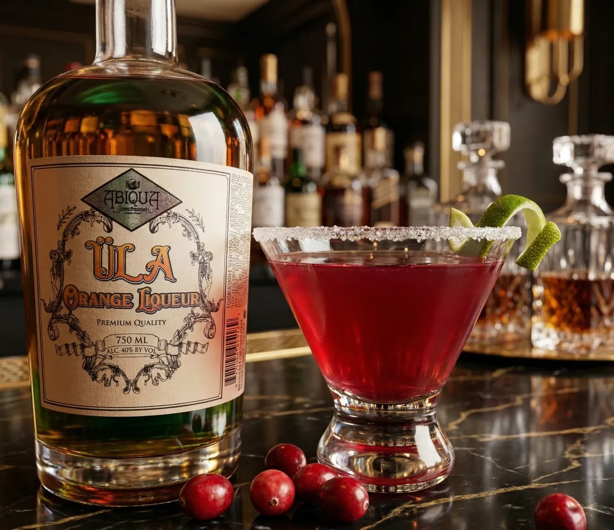Cocktail book open beside a bottle of Üla Orange Liqueur